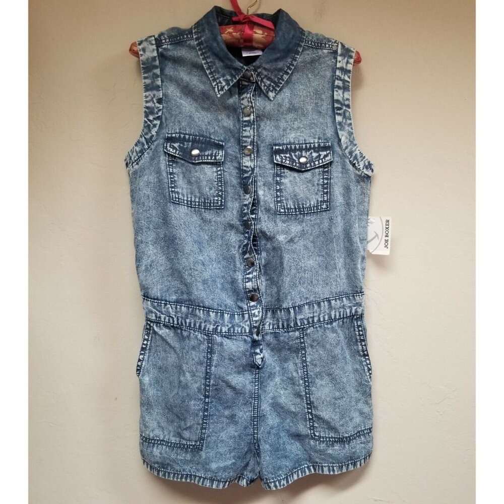 New Joe Boxer Juniors Button Front Sleeveless Denim Romper Small Pockets Casual